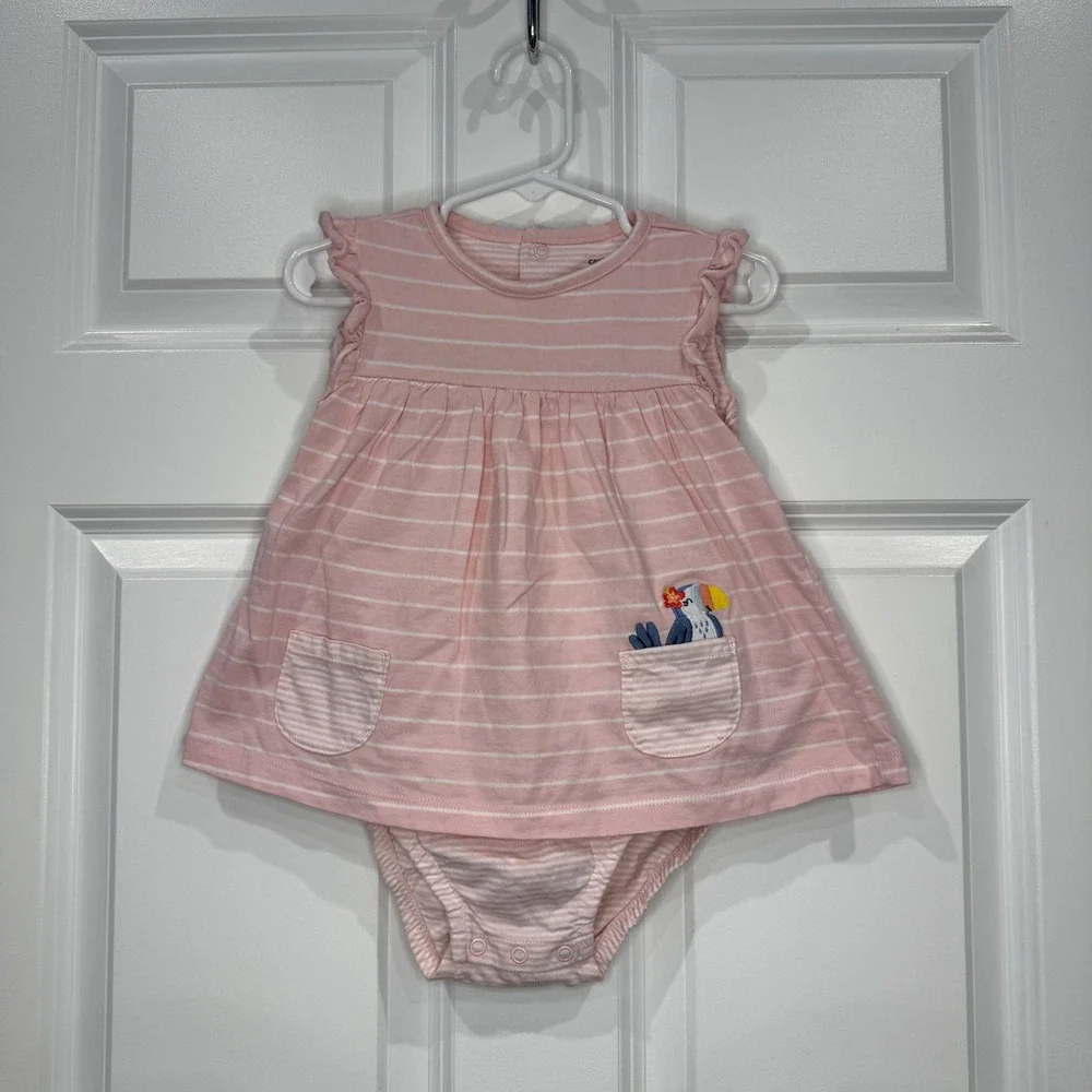 Carters Baby Girl Pink Striped Toucan Pocket Dress Bodysuit Size 24 Months